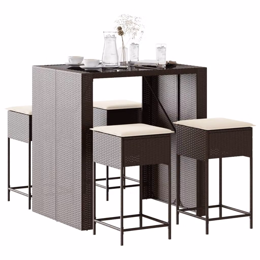 Set Bar da Giardino vidaXL in Polyrattan Marrone con 5 Pezzi e Cuscini