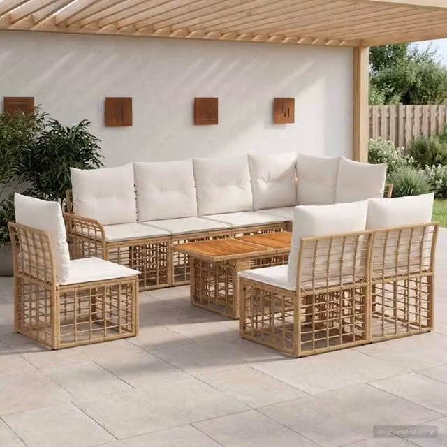 Set Divano da Giardino 9 pz Naturale e Bianco Crema polyrattan 3437984