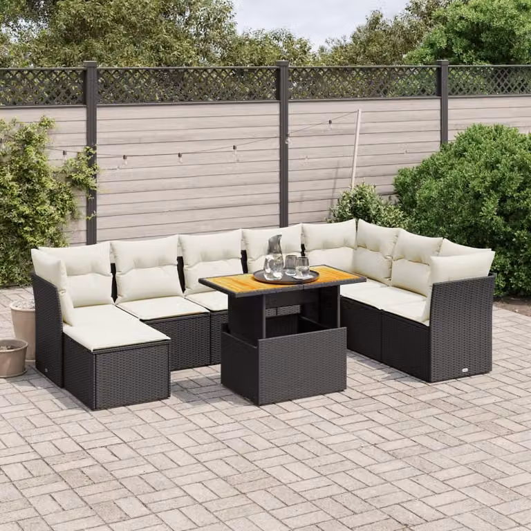 vidaXL Set Divani da Giardino 9 pz a Forma a U in Polyrattan Nero con Cuscini e Tavolino da Esterno