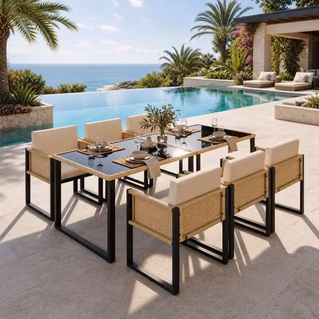 Set da pranzo da giardino 170x80x75 cm con 6 sedie 55x55x80 cm e rivestimenti sfoderabili in PE-rattan nero e marrone