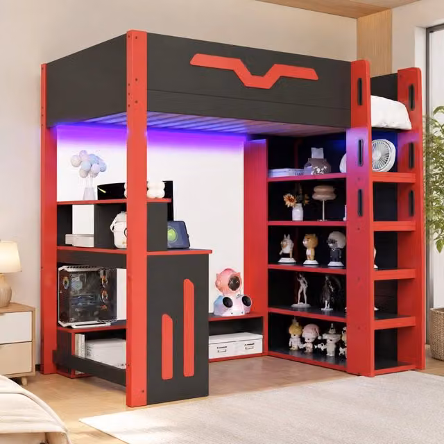 Letto a soppalco 90x200 cm con scrivania; scaffale a 4 livelli e LED; nero e rosso