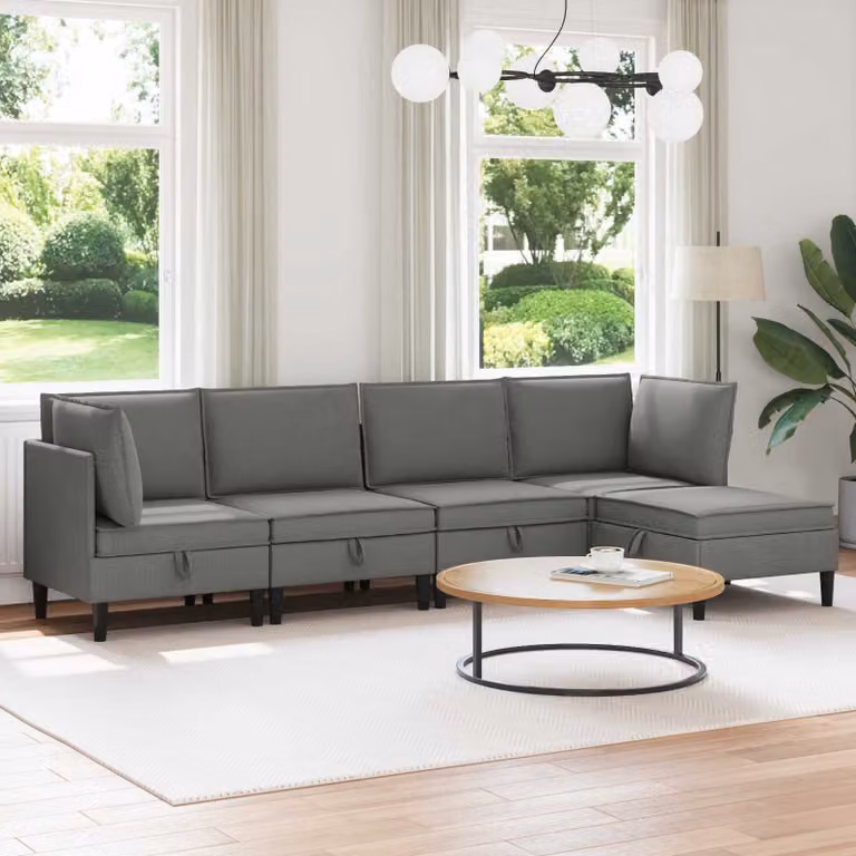 Set di mobili per il soggiorno vidaXL composto da 5 pezzi in tessuto grigio con design a L e seduta imbottita in schiuma