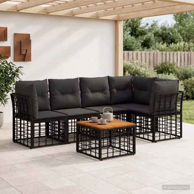 Set di divani da esterno 6 pz Nero e Grigio scuro Poliestere 3437469