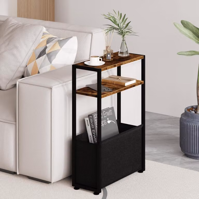 Tavolino laterale stretto, color marrone scuro, dimensioni 20x40x65 cm, con cesto