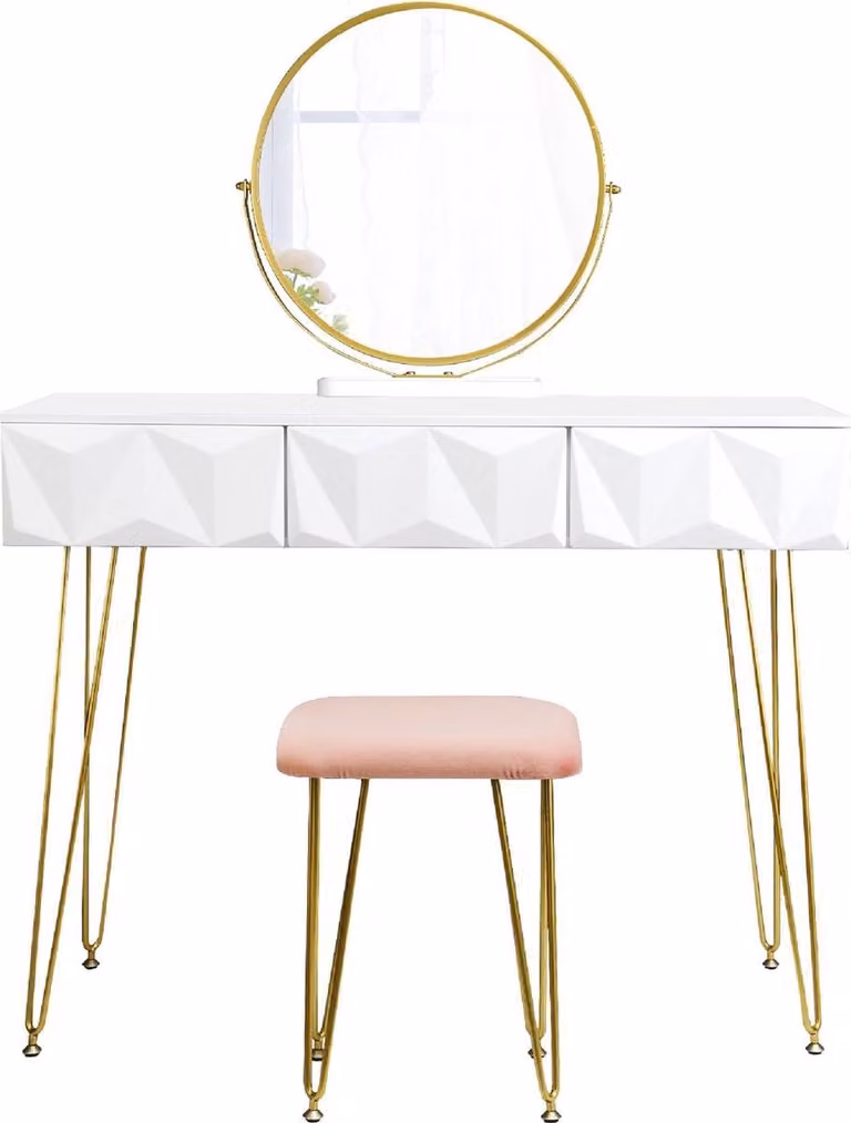 Luxiqo® Tavolino da toilette - Set da trucco con specchio - specchio girevole a 360° - 3 cassetti - sgabello in velluto - bianco/grigio