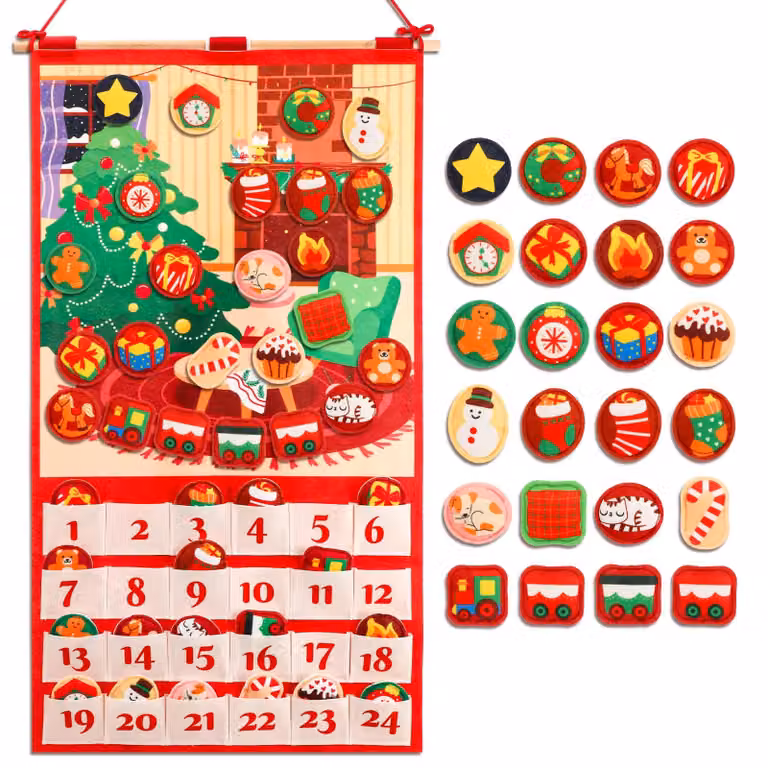 Calendario dell'Avvento in feltro, con 24 decorazioni riempite, ideale per il conto alla rovescia