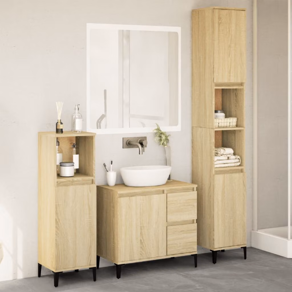 Set di mobili da bagno moderno vidaXL composto da 3 pezzi in legno color rovere e beige con struttura in metallo e montaggio a parete
