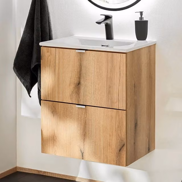 Mobiletto Sottolavabo NEWPORT a 2 Cassetti con Lavabo 50x57x39 cm - Effetto Rovere [en.casa]