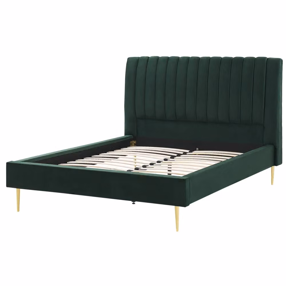 Letto imbottito Beliani in velluto verde smeraldo e oro con rete a doghe in legno L/P/H: 225 x 140 x 124 cm – 2