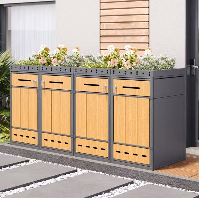Set copribidoni per 4 bidoni 120-240 L con fioriera; acciaio laminato a freddo; grigio effetto legno