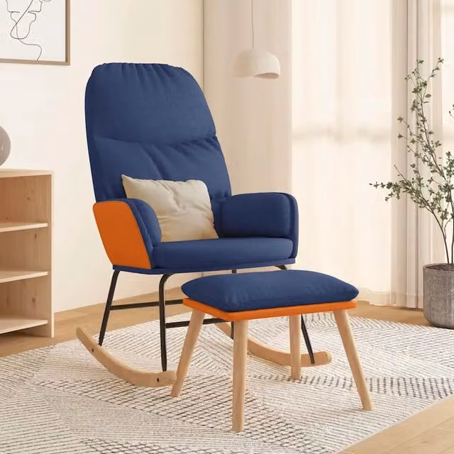 Poltrona a dondolo con poggiapiedi blu in tessuto e struttura mista per il tuo relax in soggiorno