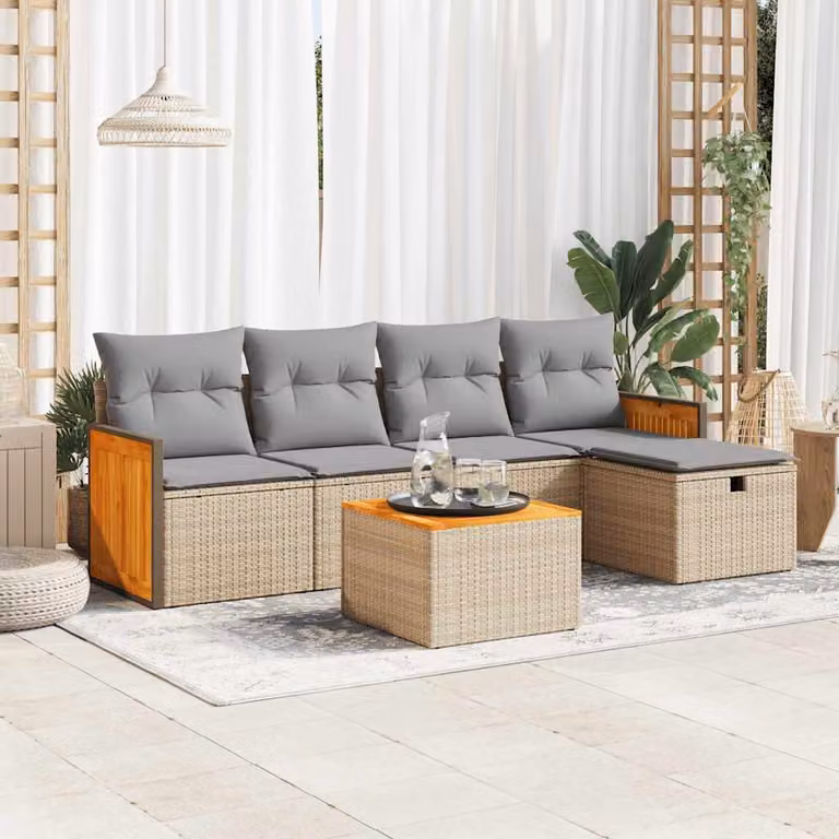 Set Divano da Giardino L-Shape vidaXL in Polyrattan con Cuscini Beige e Struttura in Acciaio e Legno di Acacia, 6 Pezzi