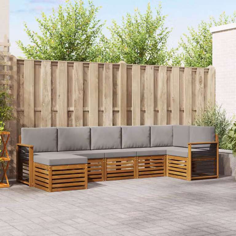 Set di divani da esterno vidaXL 7 pz a forma di L in legno di acacia con cuscini Grigio