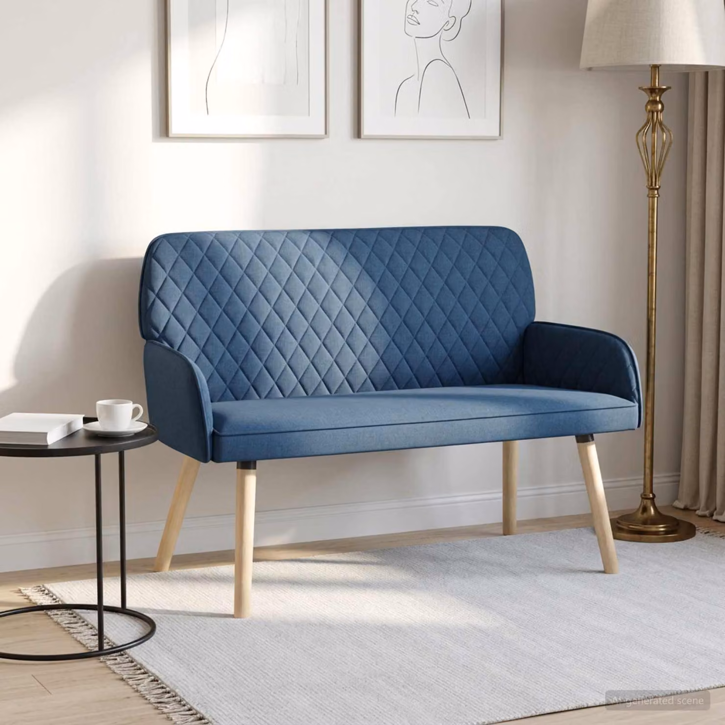 vidaXL Divano a 2 Posti Moderno in Tessuto Blu con Gambe in Legno di Gomma L: 115 cm, P: 58 cm, H: 86 cm