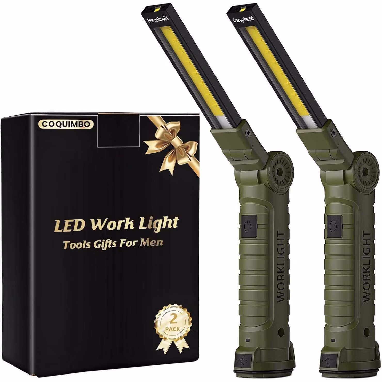 Lampada da lavoro a LED, torcia ricaricabile, confezione da 2, colore verde, con magnete e gancio, 5 modalità, USB, grado di protezione IP65