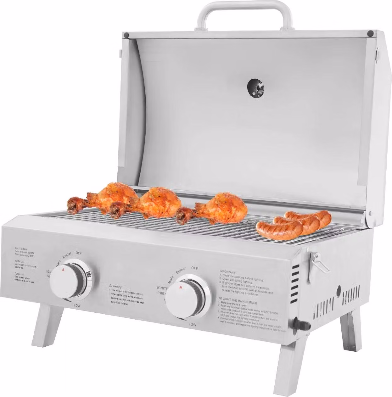 Barbecue a gas - Barbecue da tavolo con 2 bruciatori - 55,8×45×38 cm - Accensione piezoelettrica - Sicurezza fiamma - Gambe pieghevoli - Acciaio inossidabile - Grigio