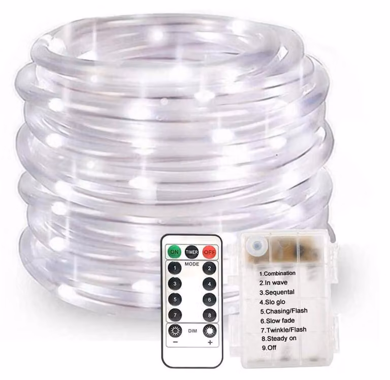 Catena luminosa a LED, 10 metri, 100 LED, 8 modalità, alimentazione a batteria, grado di protezione IP44, colore bianco
