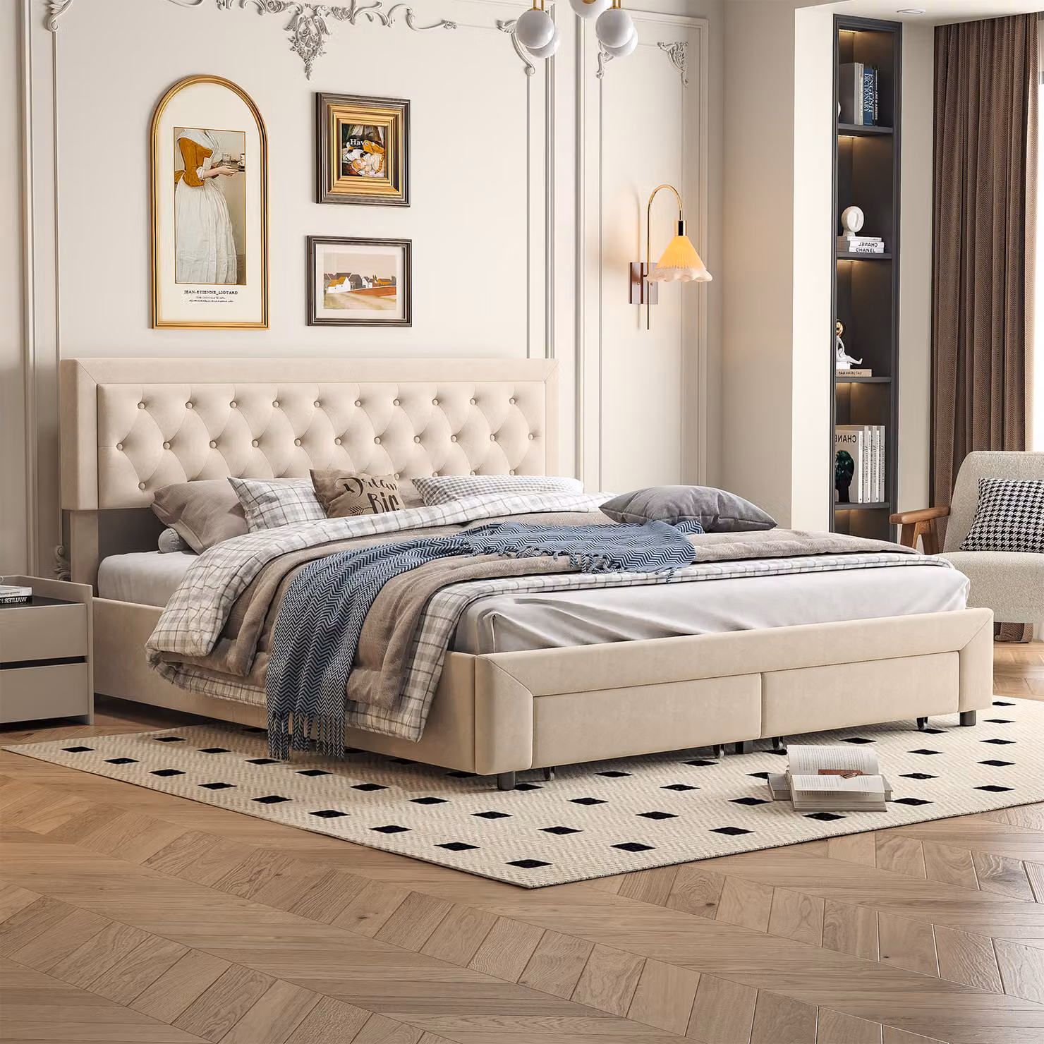 Letto imbottito ProximaX in velluto beige, dimensioni 160x200 cm, letto matrimoniale con cassetto, funzione idraulica, rete a doghe, struttura in legno massello con contenitore