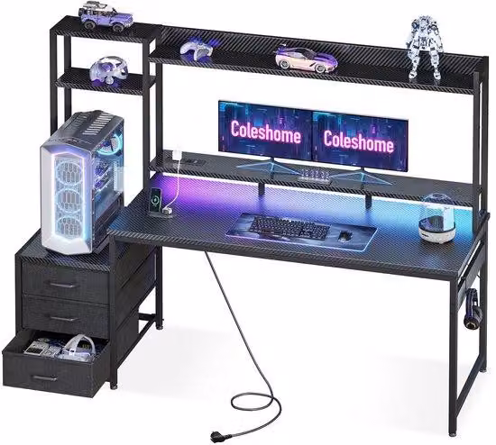 Scrivania da gaming Ibenzoa® con illuminazione LED, presa di corrente e supporto per monitor, ampia superficie di lavoro, 3 cassetti imbottiti, finitura in fibra di carbonio – ideale per giocatori e studenti