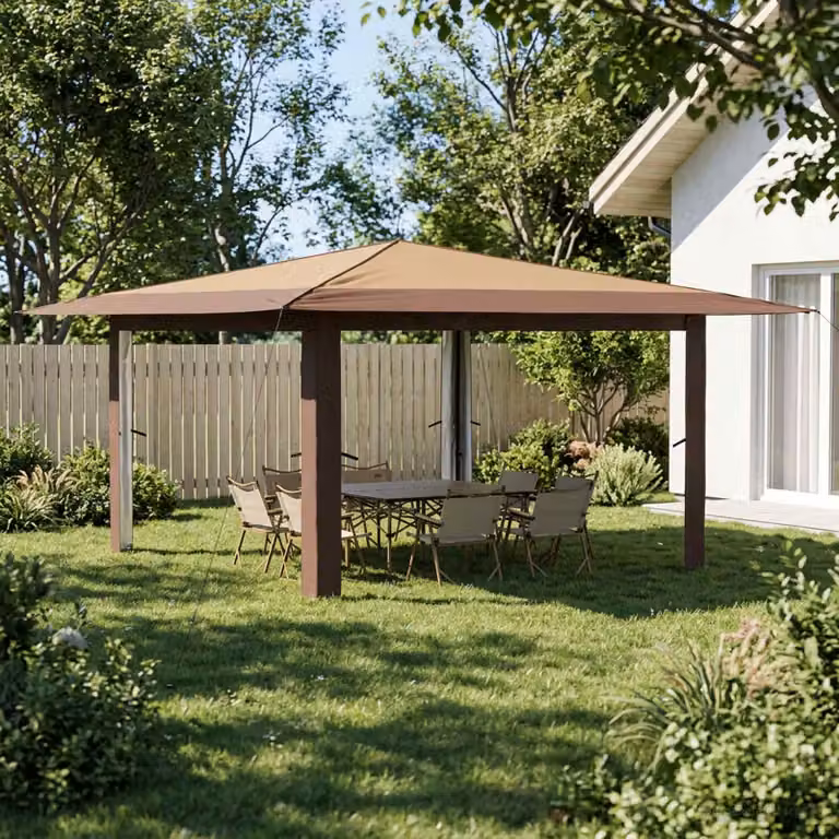 Gazebo vidaXL senza pareti laterali in poliestere e acciaio, Beige e Marrone, L 400 x P 400 x H 245 cm