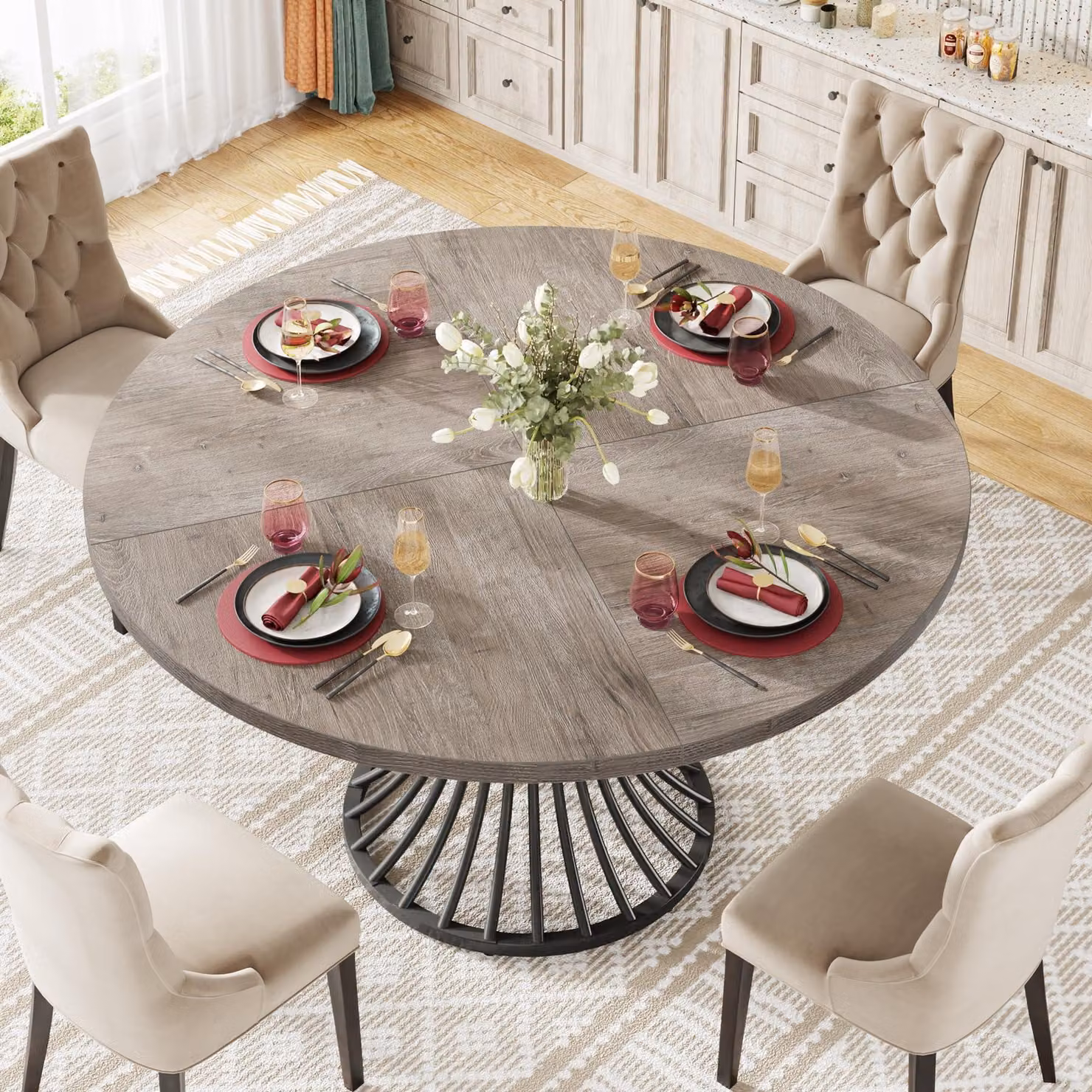 Tribesigns, tavolo da pranzo rotondo per 4-6 persone, diametro 119 cm, stile rustico, tavolo da pranzo industriale con struttura in metallo, ideale per cucina e soggiorno, colore grigio