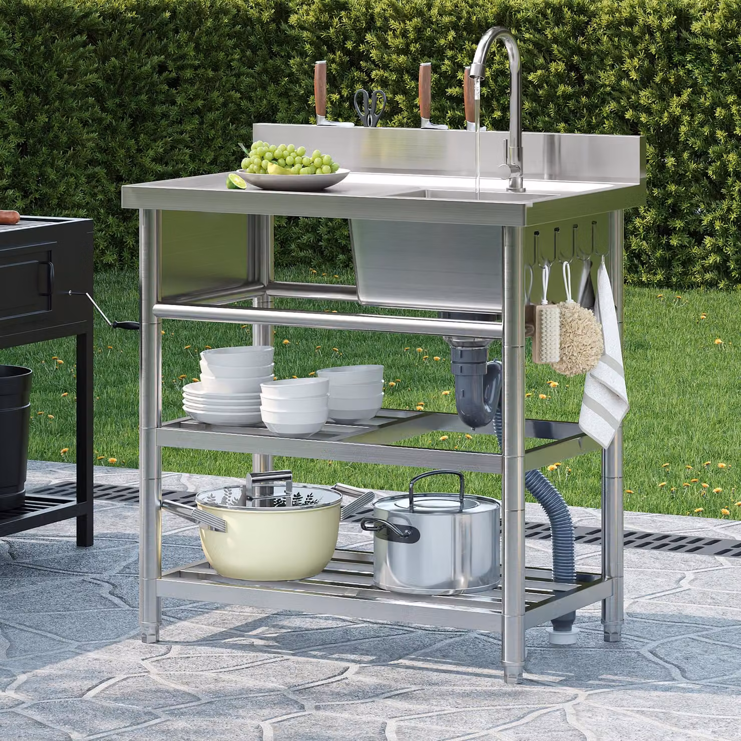 Lavello in acciaio inossidabile Merax 80x50 cm, da appoggio, con rubinetto, 2 ripiani, portacoltelli e ganci, lavello da esterno per cucina da giardino e campeggio, color argento
