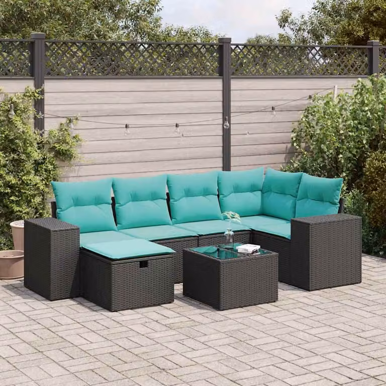 Set Divano da Giardino a L vidaXL con 7 Pezzi, Polyrattan e Cuscini, Nero
