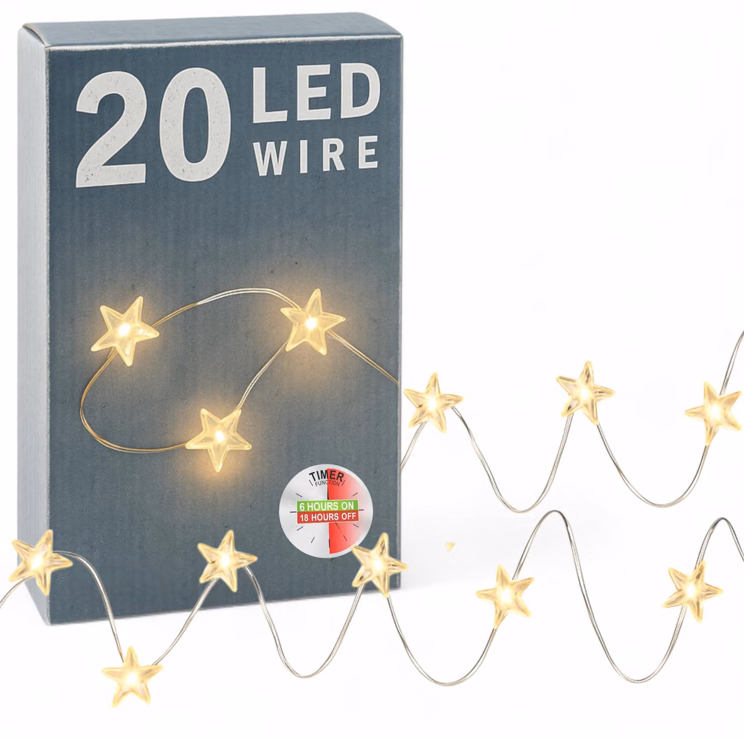 Catena luminosa a LED con 20 stelle, luce bianco caldo, 220 cm, alimentata a batteria