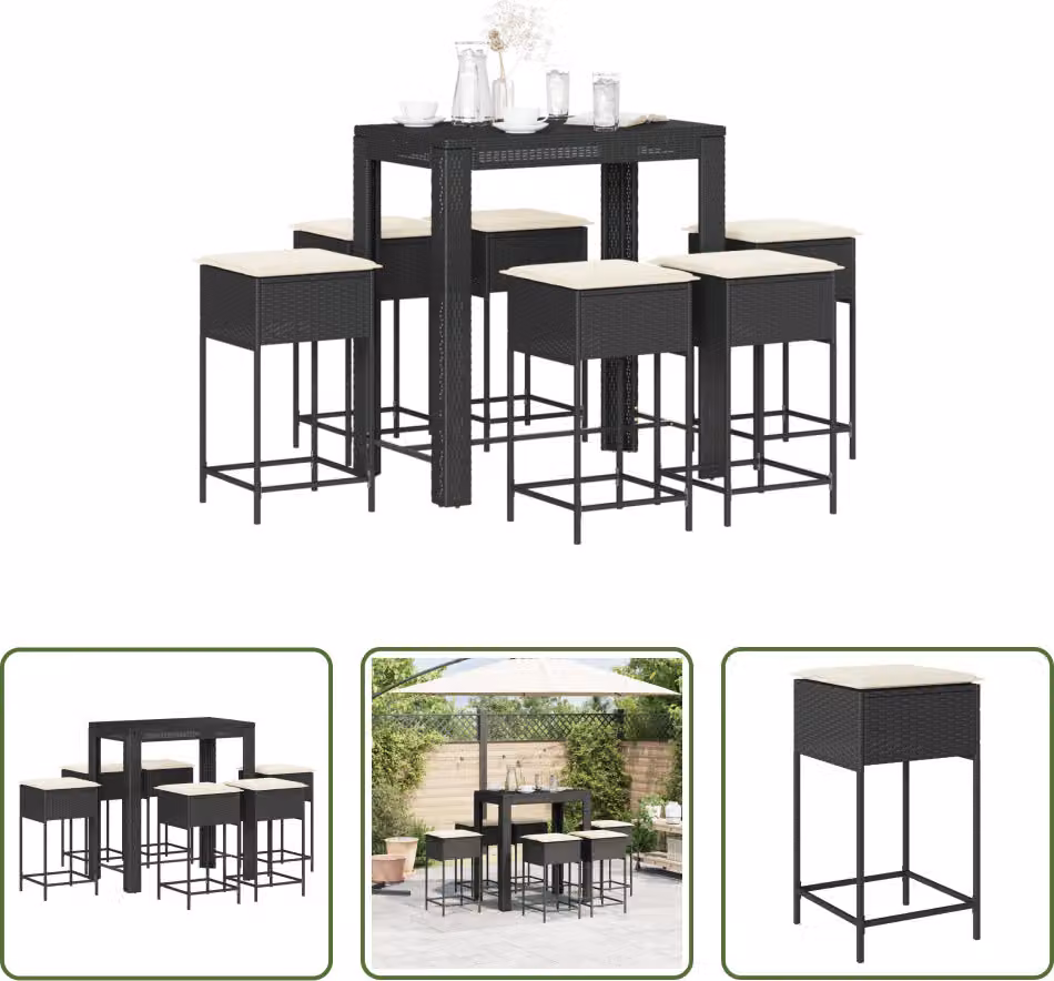 The Living Store Set bar da giardino 7 pezzi con cuscini in poly rattan nero