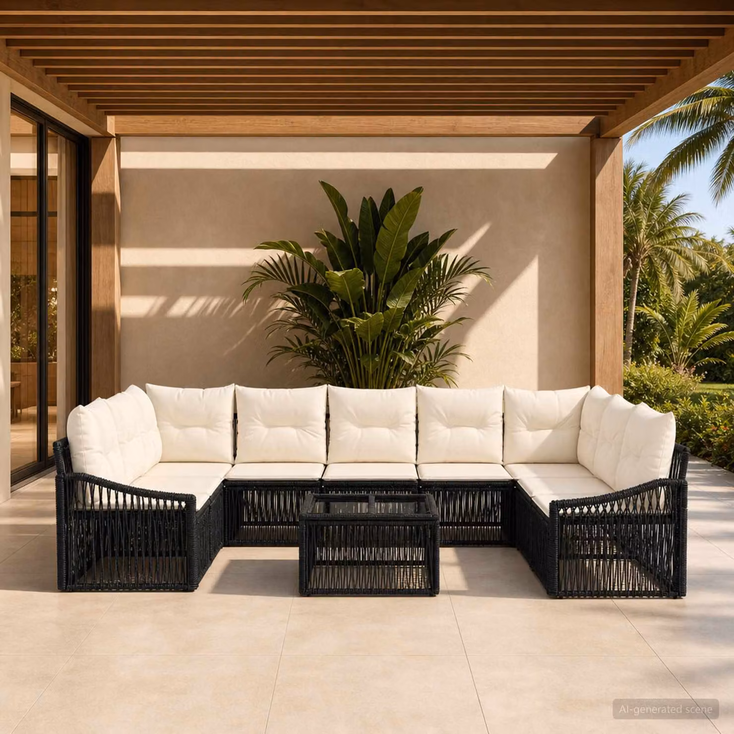 Set Divano da Giardino vidaXL 10 Pezzi a Forma di U con Tavolino e Cuscini, Colore Nero