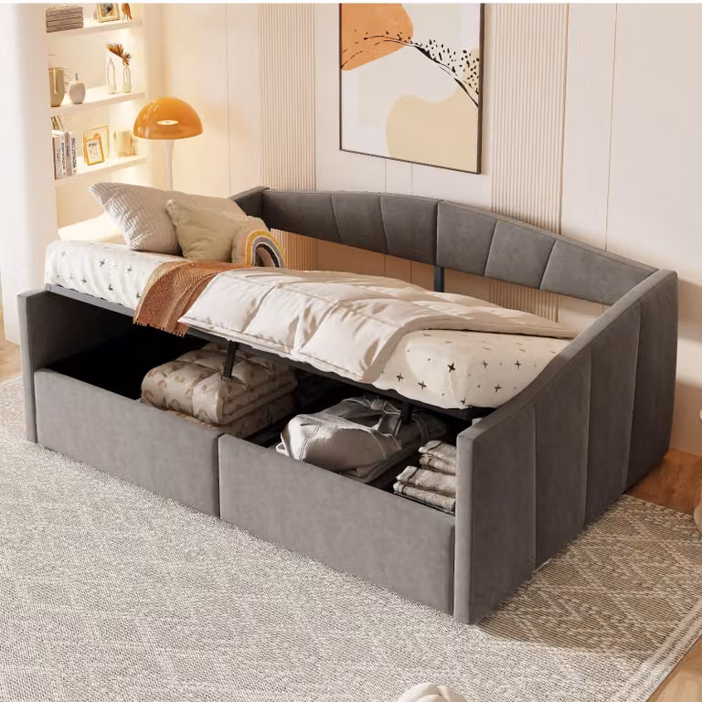 okwish Letto pieghevole con materasso 140x200, letto pieghevole con doghe e braccioli, Jugendbett con vano portaoggetti idraulico, letto imbottito per bambini in velluto, grigio scuro