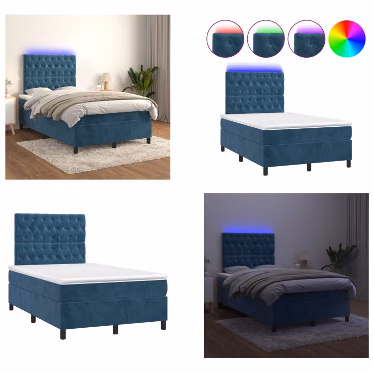 vidaXL Letto a molle con materasso e LED blu scuro 120x200 cm in velluto - Letto a molle - Letto a molle - Letto - Letti