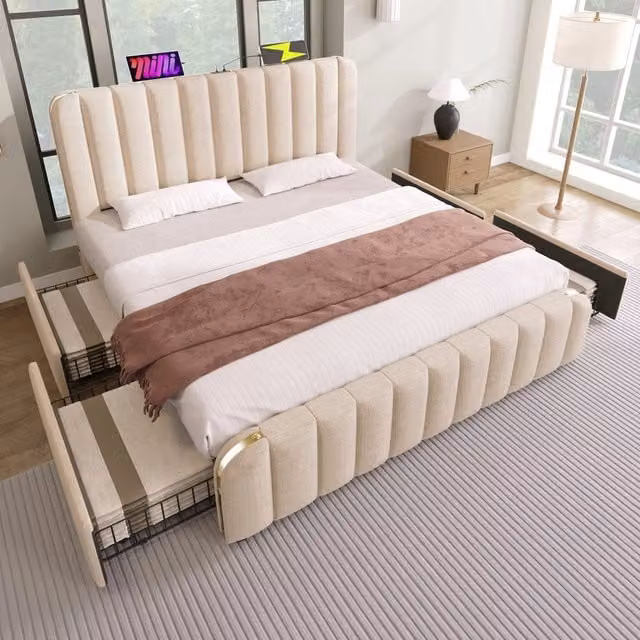 Letto matrimoniale 180×200 cm con 4 cassetti, porte USB e Tipo C, materasso H3 incluso, lino beige