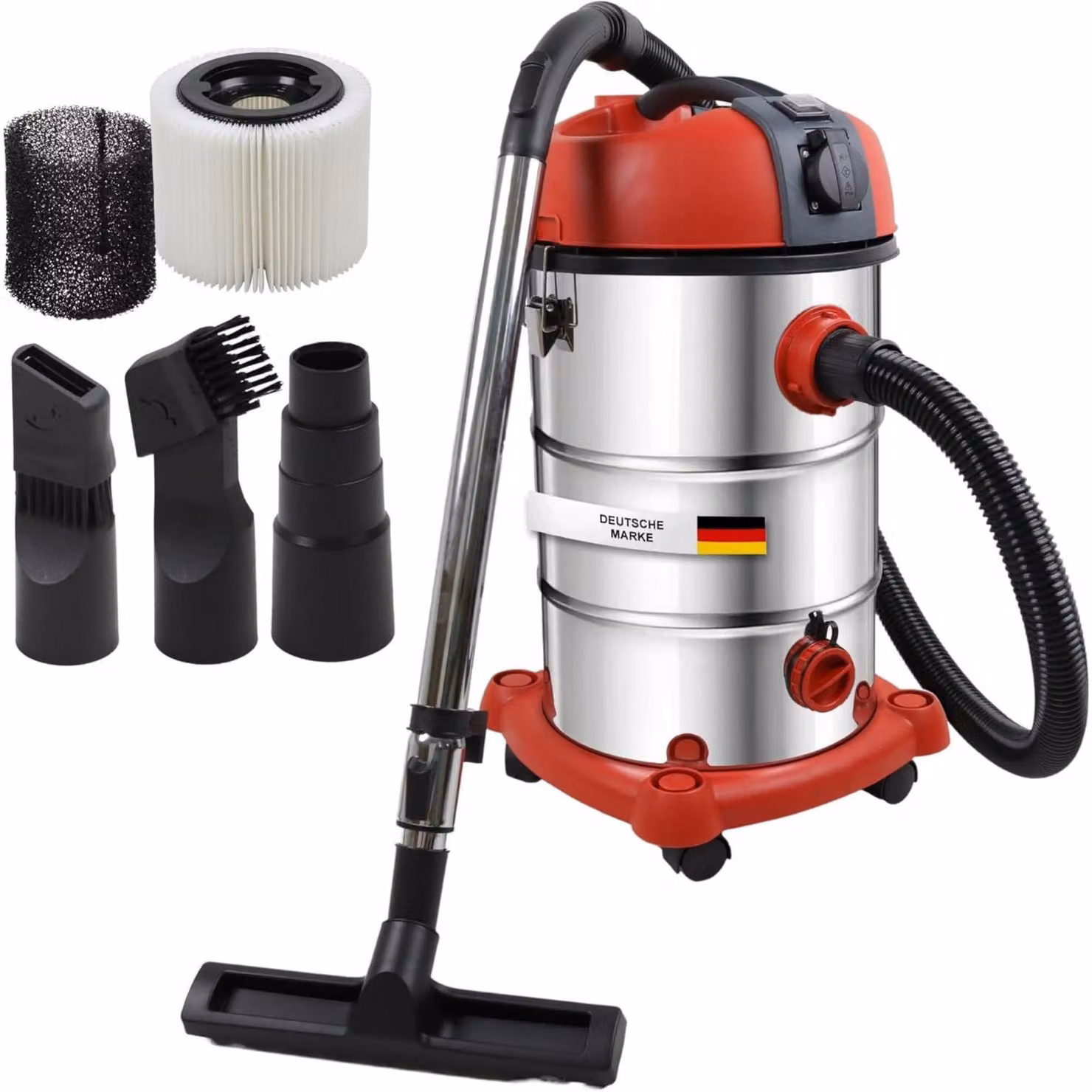 Aspirapolvere industriale, aspiraliquidi e aspiratutto - Potenza: 3300 W - Capacità: 30 litri - Senza sacco - Colore: rosso - Per uso professionale