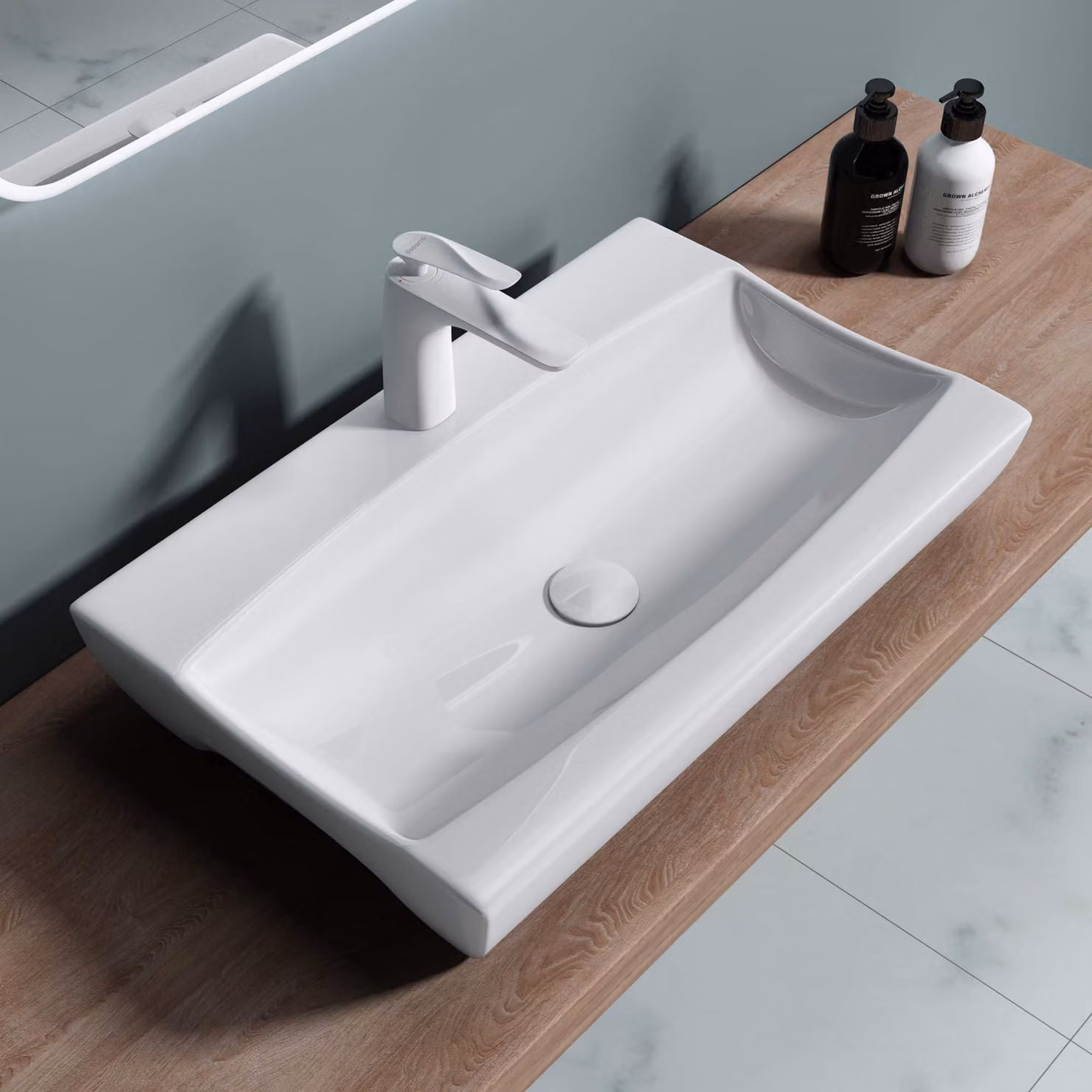 doporro Lavabo da Appoggio in Vetroceramica Bianco Lucido, Lavandino Bagno Moderno con Foro Rubinetto e Rivestimento Nano 62,5x39,5x12 cm Brš¹ssel890