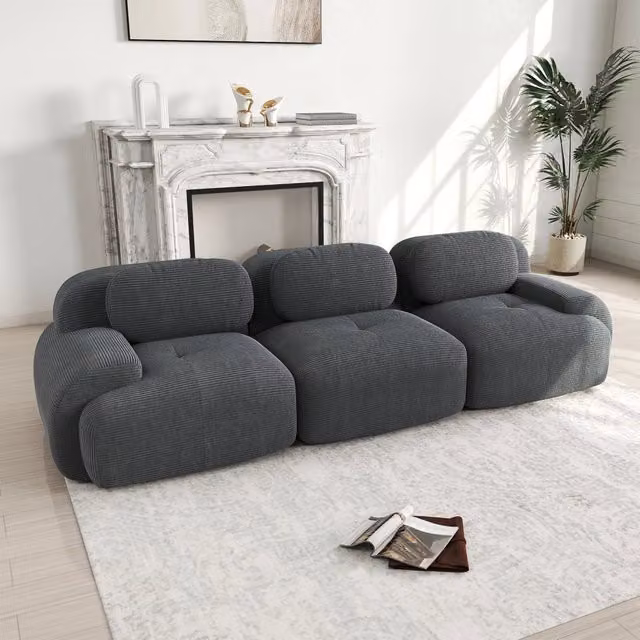 Divano angolare modulare MIVRAY in velluto a coste grigio con schiuma ad alta densità L 298 x P 103 x H 70 cm