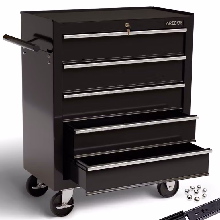 Carrello AREBOS nero | 5 scomparti | freno di stazionamento | chiusura centralizzata