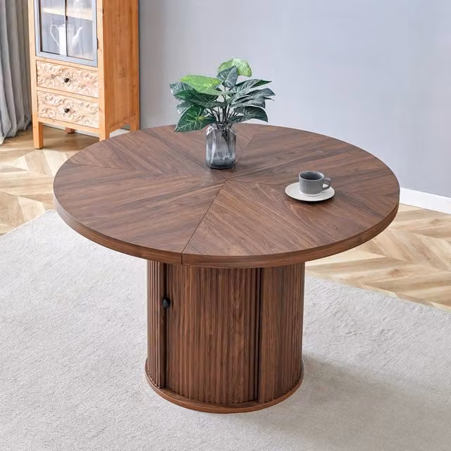 Tavolo da pranzo rotondo con mobile contenitore in MDF effetto legno noce a colonna diametro 115 cm altezza 74 cm