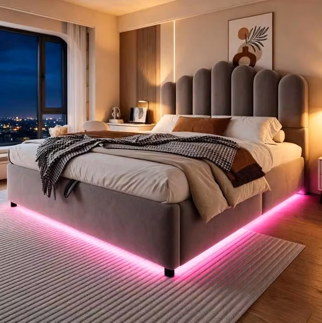 Letto imbottito moderno con contenitore e illuminazione LED in velluto grigio L/P/H: 140 x 200 cm
