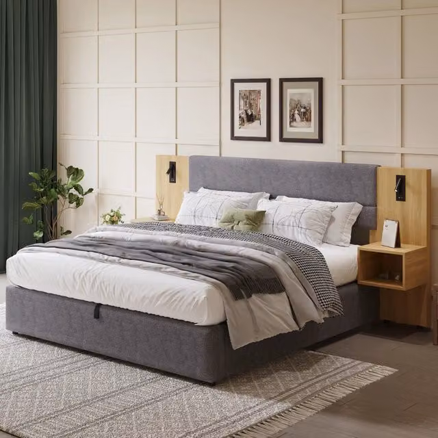 Letto imbottito 180x200 cm - Zephmum- Idraulico, USB, illuminazione, comodini, grigio + natura