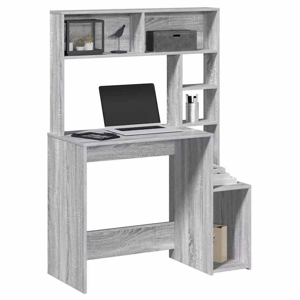 Scrivania con mensole vidaXL in legno multistrato e MDF, colore grigio Sonoma, L 100 cm x P 45 cm x H 140 cm