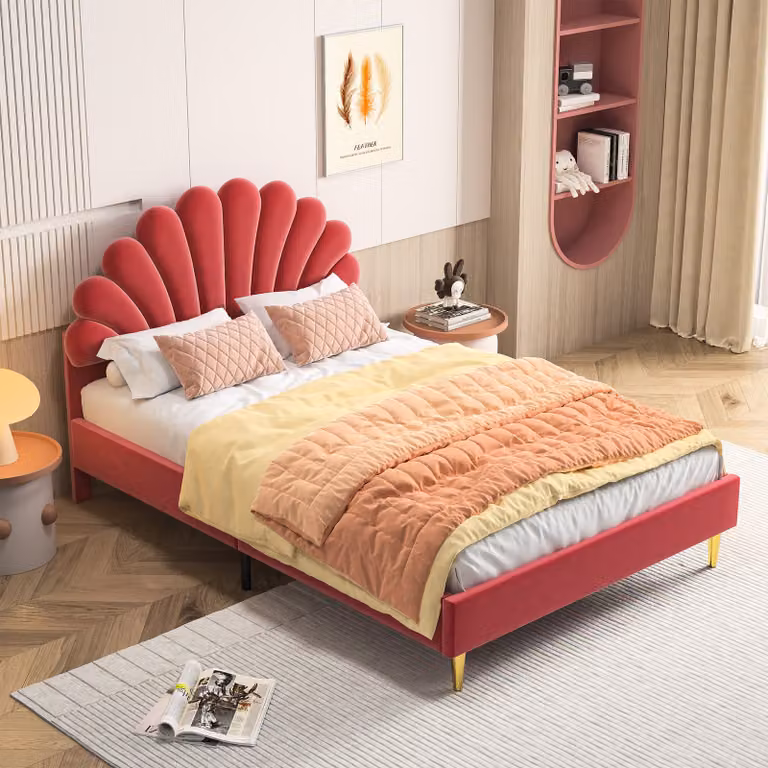 Letto imbottito ProximaX 140 x 200 cm con testata a forma di fiore, rete a doghe, letto matrimoniale per ragazzi e ragazze, letto per ospiti in tessuto vellutato bordeaux delicato sulla pelle
