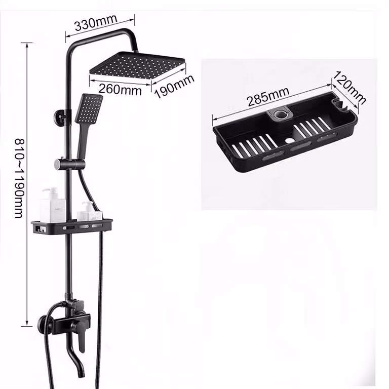 Set completo per doccia da bagno - Miscelatore doccia a 2 vie con soffione a pioggia e miscelatore per bidet - Ottone - Miscelatore acqua calda/fredda - Ripiano - Finitura bronzata nera
