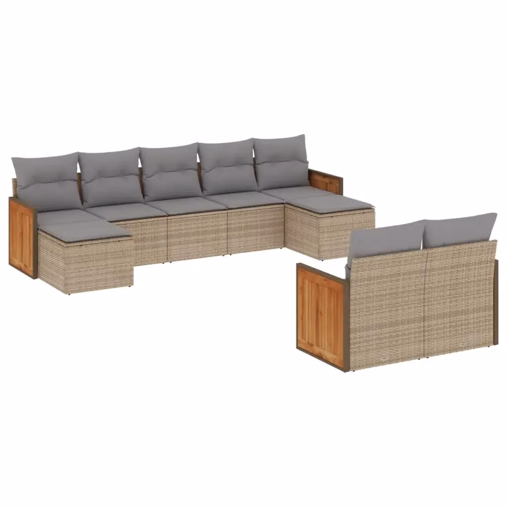 vidaXL Set Divano da Giardino 9 pz a forma di U in Polyrattan e Legno di Acacia con Cuscini Beige e Grigio – 2