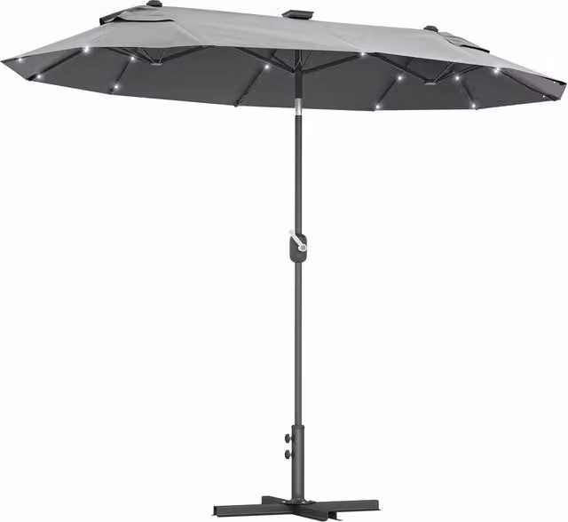 Ombrellone doppio con base a croce e luci solari, Grigio, L: 295 cm, P: 150 cm, H: 219 cm
