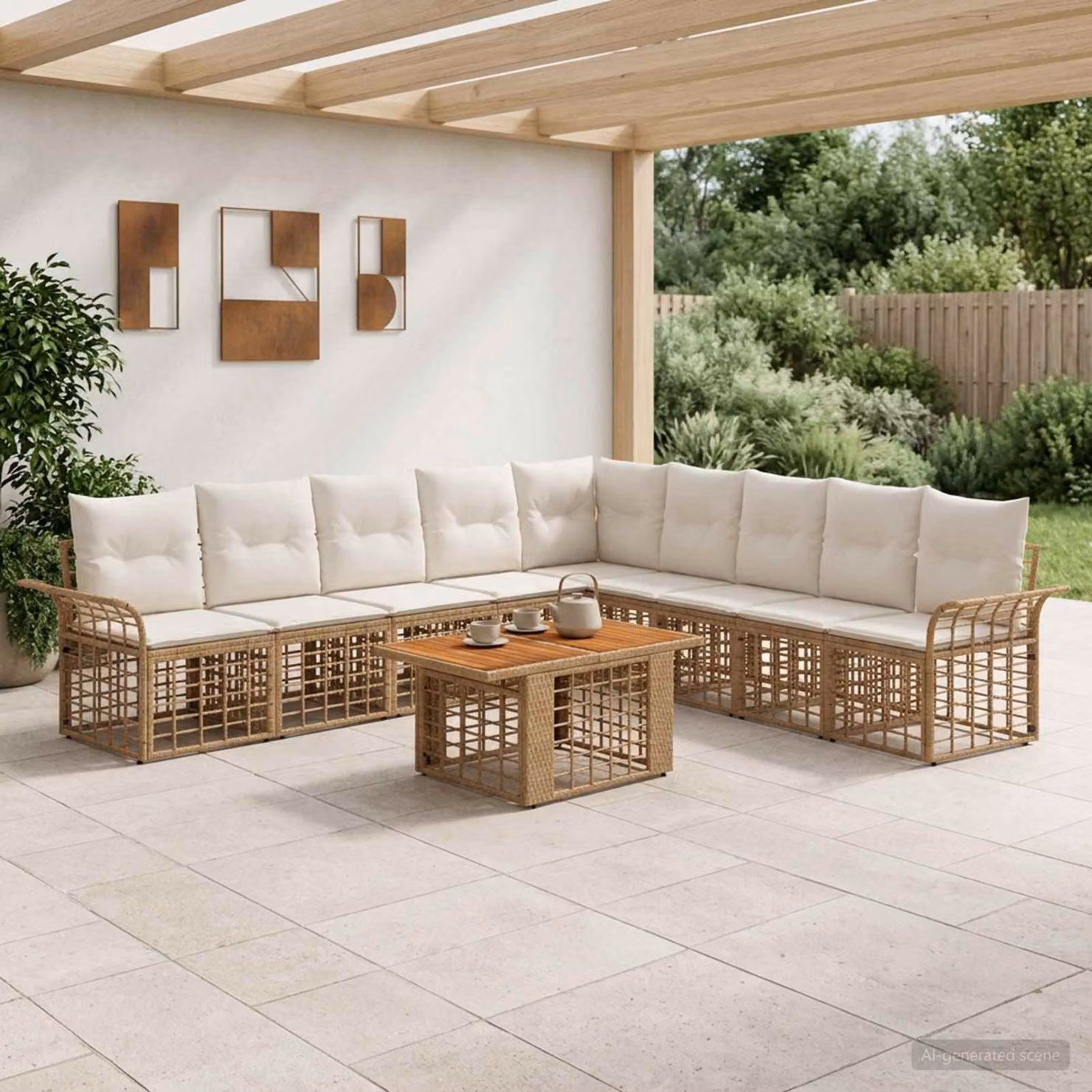 Set Divano da Giardino Moderno vidaXL in Polyrattan e Legno di Acacia, 10 Pezzi, Naturale e Bianco Crema