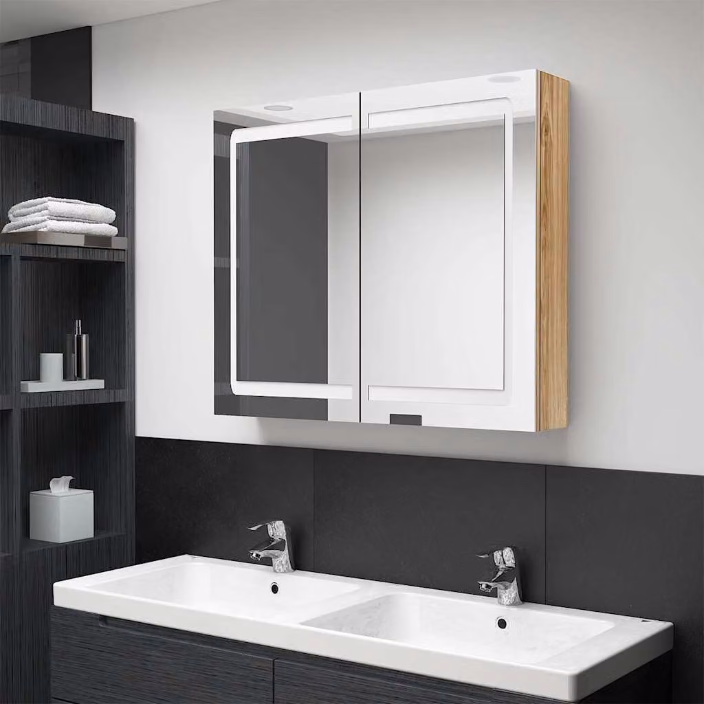 Armadietto da bagno moderno vidaXL con specchio e illuminazione LED in rovere, L 80 cm x P 12 cm x H 68 cm – 1