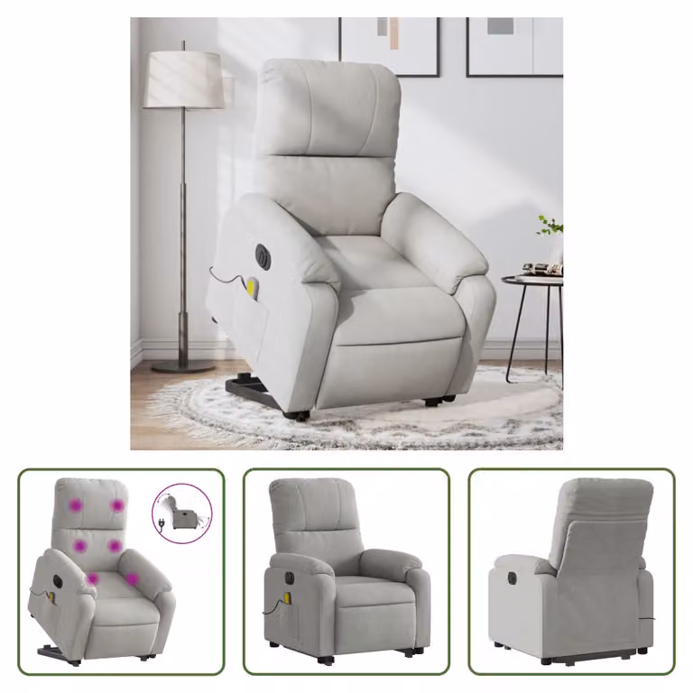 The Living Store Poltrona massaggiante ausiliaria Stand-up Elettrica Grigio chiaro Tessuto in microfibra