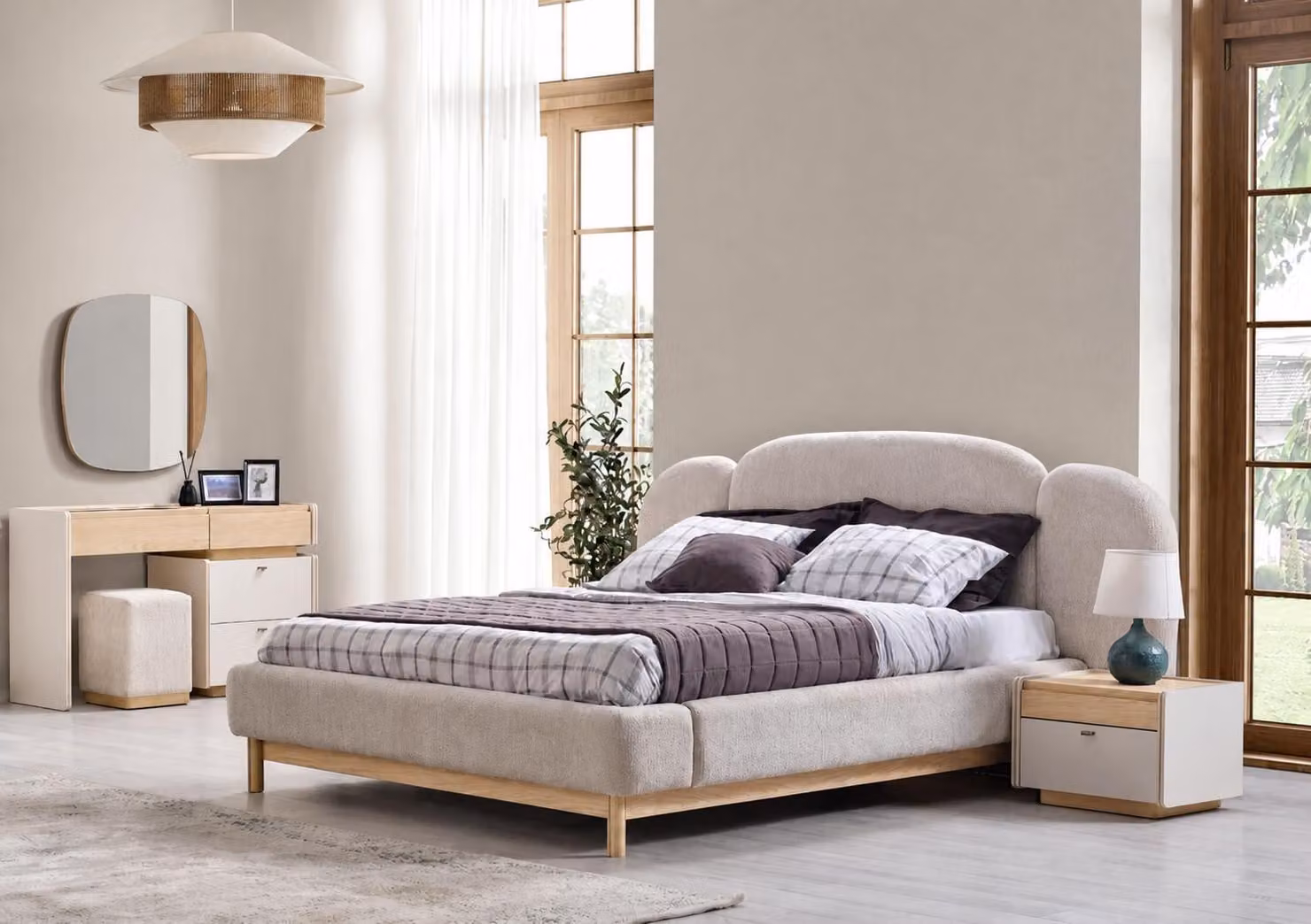 Set di mobili scandinavo: letto, comò, comodini e specchio