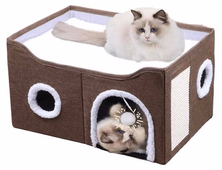 Tana per gatti pieghevole con tiragraffi e pallina giocattolo, colore marrone, taglia media